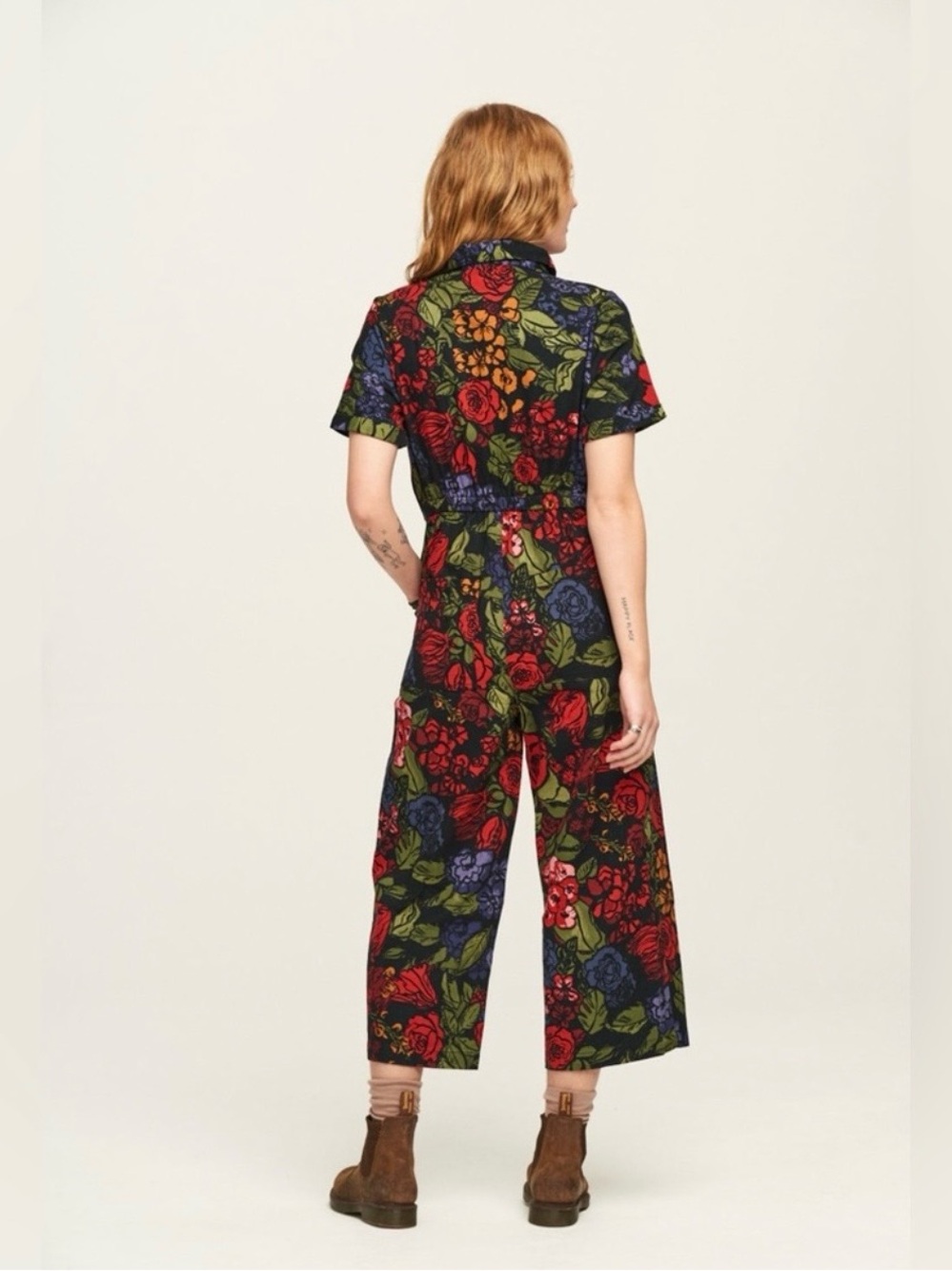 100% Organic Cotton Lucy & Yak Black Floral Short-Sleeve Jumpsuit Size 10